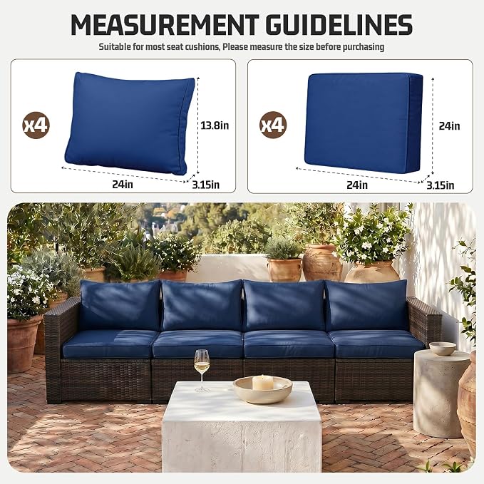 8pcs Outdoor Patio Cushion Covers Replacement, 24" Zippered Outdoor Cushion Covers Waterproof, UV Resistant & Washable Patio Furniture Cushion Covers Waterproof for Patio Sectional, Navy Blue