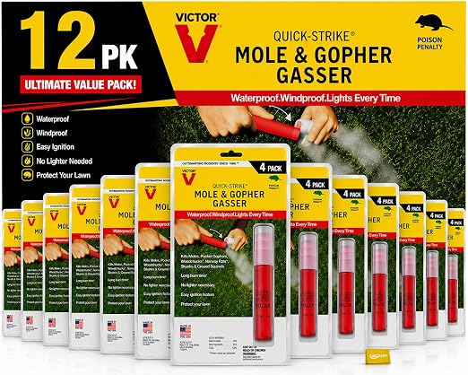 Victor Quick-Strike Mole & Gopher Gassers – 48 Total Gassers, Self-Igniting Burrow Pest Control, Waterproof & Windproof, Long-Burn Outdoor Tunnel Treatment (12)