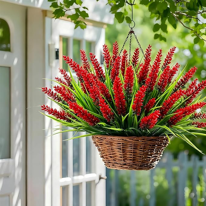 Geegoods Artificial Plants Flowers Outdoor – 24 Bundles Red Faux Flowers UV Resistant, Fake Outdoor Plants for Planters, Window Boxes, Hanging Baskets, Front Porch, Patio, Garden Decor