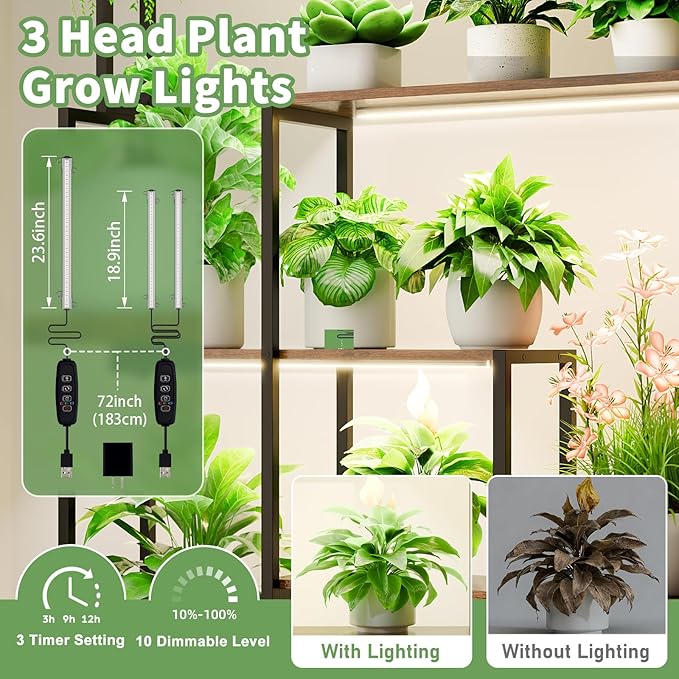 MJOMKN Large Plant Stand Indoor with Grow Light , 72" Tall Metal Plant Shelf, 5 Tiers 12 Pots Holder, Heavy-Duty Rectangle Display Rack for Living Room, Patio, Corner