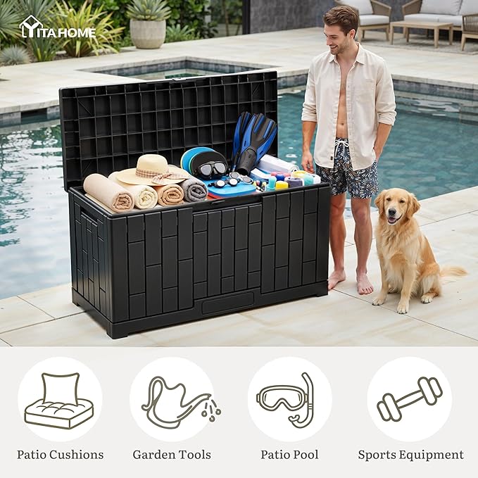 YITAHOME 60 Gallon Resin Deck Box, Weather Resistant Outdoor Rattan Storage Box with Slide-Locking Lid, Lockable Indoor Outdoor Storage for Supplies and Essentials, Black