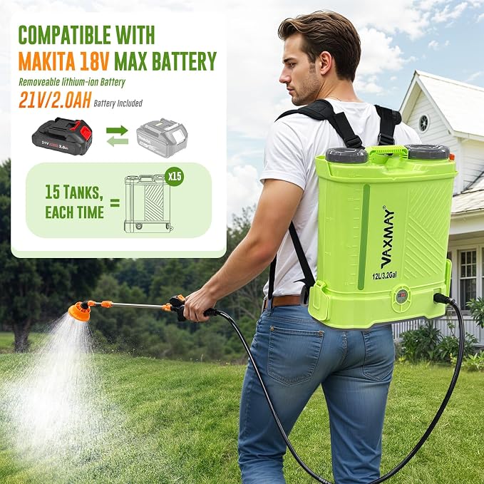 Battery Powered Backpack Sprayer 3.2 Gallon, VAXMAY 80 PSI Electric Garden Sprayer Works with Makita 18V Battery, Weed Lawn Sprayer with Telescopic Wand, 5 Nozzles, 2.0 Ah Battery & Charger Included