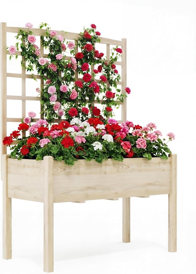 Wood Raised Garden Bed with Trellis, 47x23x63in Elevated Planter Box with Legs for Climbing Plants Vegetables, Solid Fir Deep Planter, 386lb Capacity for Outdoor Backyard Patio