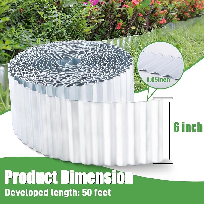 Quibbay Metal Corrugated Garden Edging, 6" x 50Ft Landscape Edging Border for Garden and Flower Bed, Garden Edging Border for Landscaping, Lawn and Yard, Silvery