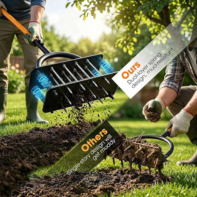 Lawn Aerator Tool, Manual Core Aerator for Lawn with 16 Spikes Spring Base, Automatic Soil Ejection, Pre-Assembled Yard Grass Aerator, Metal Grass Aerator for Yard
