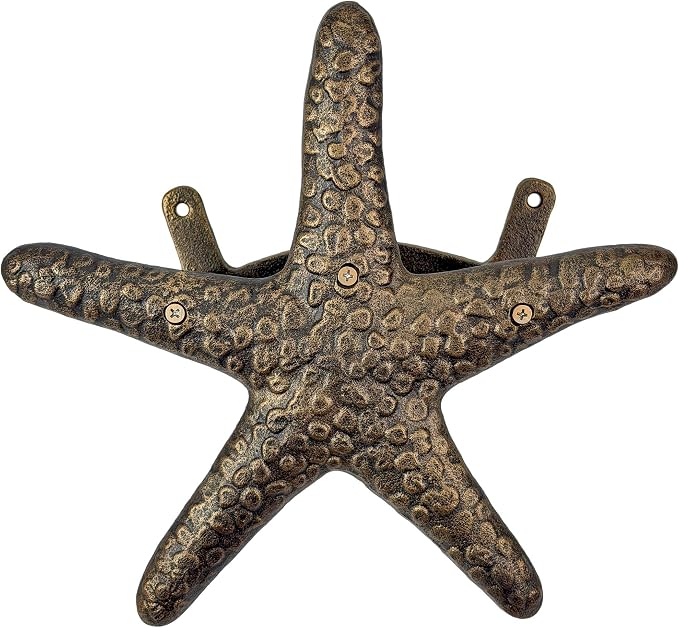 Zeckos 12 Inch Cast Iron Starfish Garden Hose Holder, Bronze Coastal Wall Mounted Hose Hanger with Matching Hardware for Outdoor Yard, Beach House, Garden or Patio Decor