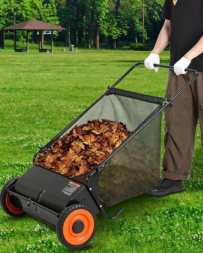 26-Inch Push Lawn Sweeper, 7 Cu. Ft. Hopper Leaf & Grass Collector, 4 Spinning Brushes, Adjustable Brush Height, Manual Yard Sweeper for Grass Clippings, Leaves & Light Debris, Black