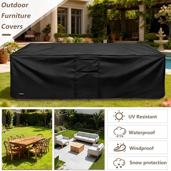 Rectangular Patio Furniture Covers,Upgraded 600D Heavy Duty Outdoor Furniture Covers Waterproof,Outdoor Sectional Dining Table and Chairs General Purpose Furniture Set Cover,126"L × 74"W × 28"H,Black
