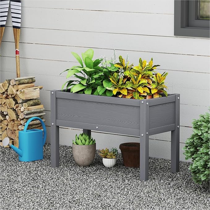 Small HDPE Raised Garden Bed, Elevated Planter Box with Legs, Outdoor All-Weather Planter Raised Beds for Seeds, Herbs, Flowers, Vegetables (Grey)