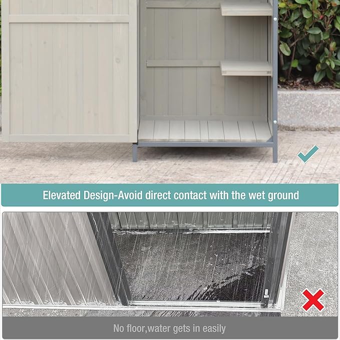68" Tall Wooden Cabinet, Outdoor Storage Shed with Floor, Adjustable Shelves & Lockable Door, Waterproof Garden Shed, Metal Frame Tool Cabinet for Backyard, Patio & Garden Tool Organization