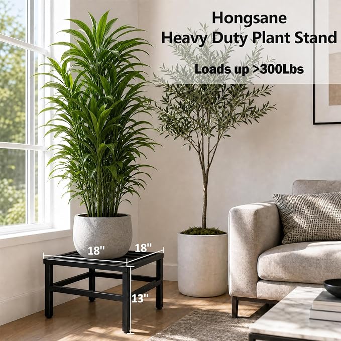 Plant Stand Indoor Outdoor,18 Inch Square Metal Plant Stands Riser,Heavy Duty Wrought Iron Pedestal Holders for Large Flower Pot,Outside Rust-Proof Black Flower Display Shelf for Patio,2-Pack