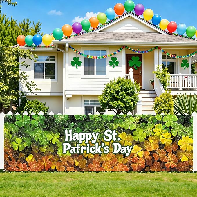 Happy St. Patrick’s Day Fence Banner 118 x 35 Inch, Large Waterproof Outdoor Shamrock Clover Banner for Yard Porch Fence Irish Party Decorations