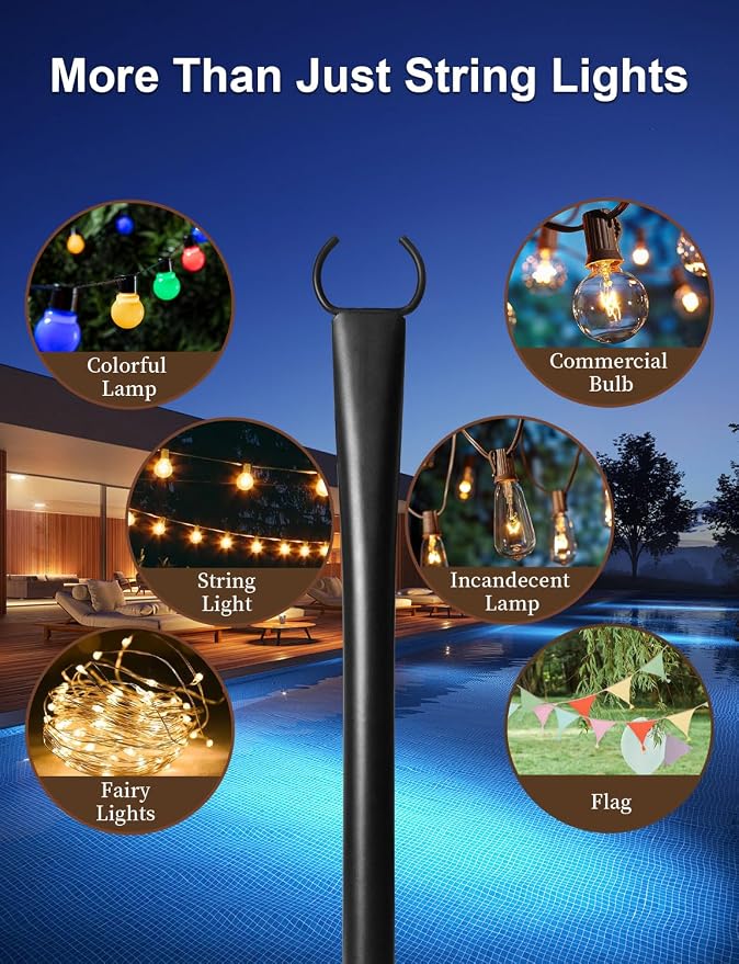 6 Pack String Light Poles for Deck, 5Ft Heavy-Duty Metal Deck Light Poles for Outside with Fixing Clips, Lighting Hanging Post Accessories for Patio Decor Garden Backyard Yard Fence Porch Decorations