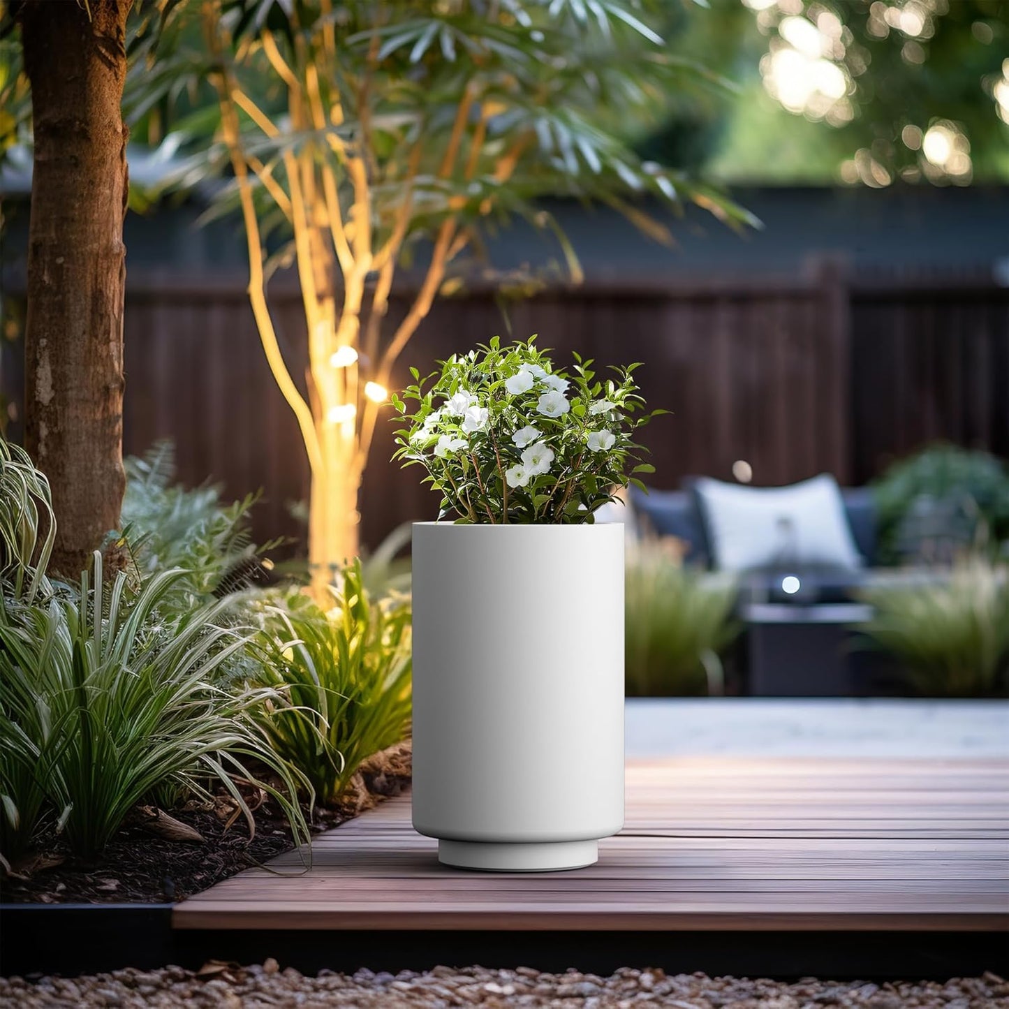 Kante 20.1 Inch Tall Concrete Planter, Round Pedestal Design Garden Pot for Indoor Outdoor Plants, Modern Garden Pot with Drainage Hole, White Finish with Aqua Blue Interior