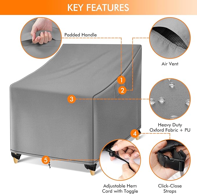 WLEAFJ Outdoor Chair Covers Waterproof, Gray Lawn Patio Furniture Covers, Heavy Duty Wicker Garden Sofa Chair Cover, 2 Pack - 29" W x 30" D x 36" H