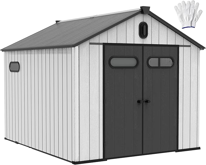 DWVO 8x10 FT Outdoor Storage Shed, 544 cuft Large Plastic Storage Shed with Floor & Lockable Door, Outside Tool Garden Shed with Windows & Vents for Patio Furniture/Lawn Mower, Black&Gray