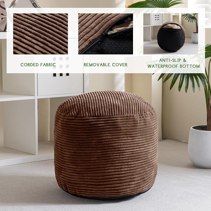 HIGOGOGO Round Stuffed Pouf Ottoman, Corduroy Poufs with Foam Chunk Filling, Furry and Fluffy Pouf Foot Stool Storage Ottoman, 20 X 15 Floor Poufs Foot Rest for Living Room, Brown