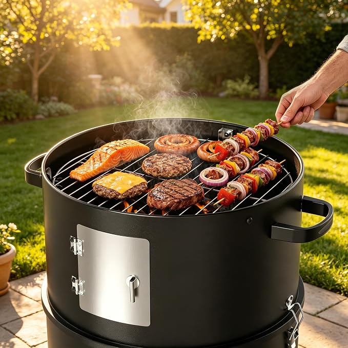 KEYO GRILL 18 Inch Vertical Charcoal Smoker, 3-in-1 Heavy Duty Outdoor BBQ Grill with Thermometer, Portable Camping Barbecue Grill for Garden Patio Beach Backyard