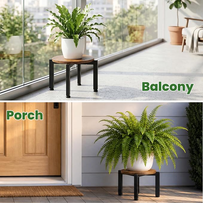 TOSKING Heavy Duty Metal Plant Stand Indoor – Adjustable Leveling Pads, Vintage Brown Wood Tray, Iron Cross Base, Corner-Friendly, Plant Flower Display Shelf, Low Stool for 8-12" Pots, Easy Assembly, Black & Brown (9.8"Dia x 7.7"H)