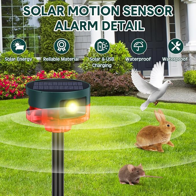 Qualirey 6 Pack Solar Outdoor Motion Sensor Alarm-Dog Barking&Gunshot Sound Support Recording Animal Deterrent for Home Security, 13 Kinds of Sounds (Red)