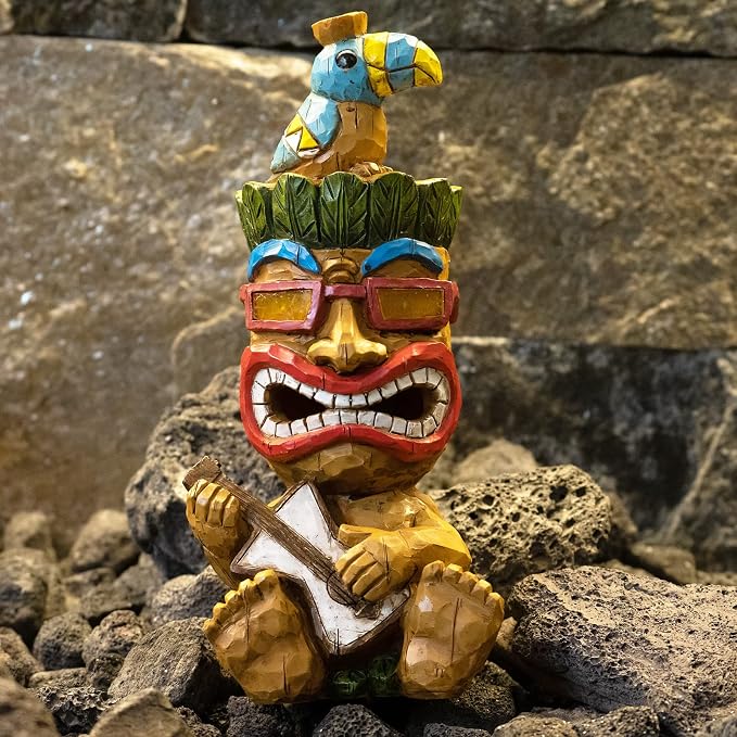 Solar Tiki Garden Statue Outdoor Decor - Tiki Bar Decorations 11.69 inch Tall for Outdoor Patio, Balcony, Yard, Backyard,Lawn,Tiki Gifts