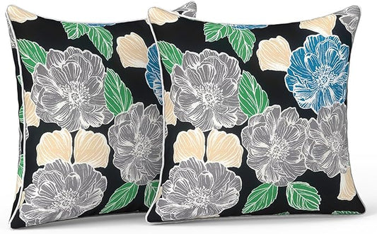 LVTXIII Outdoor/Indoor Throw Pillows, Decorative Patio Accent Pillows, Fluffy Water Repellent Garden Cushions for Home Patio Coach Sofa Use, 16×16 Inch, Pack of 2, Peony Garden