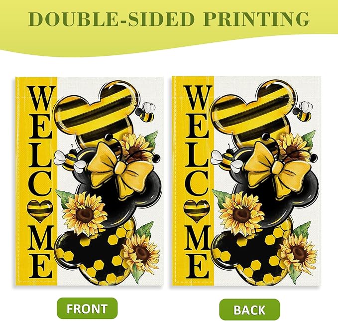 Welcome Spring Decorative Garden Flag, Yellow Sunflower Honey Bumble Bee Yard Outside Decorations, Seasonal Burlap Outdoor Small Home Decor Double Sided 12 x 18