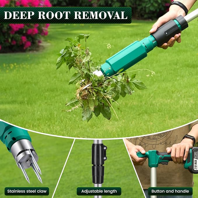 Electric Weed Puller Tool, 21V Battery Powered Stand Up Weed Remover with 6000mAh Batteries, Heavy Duty 3-Claw Steel Root Weeder, Weed Picker Grabber Popper for Dandelion Lawn Garden Yard