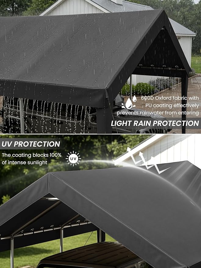 12 x 20 Ft Carport Replacement Cover, Heavy Duty Outdoor Car Tarp Canopy, Waterproof & UV Protected Tear Oxford Tarp with Ball Bungees (Frame is Not Included)