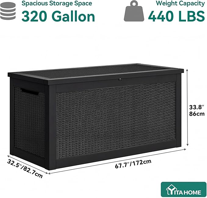 YITAHOME 320 Gallon XXL Large Deck Box, Outdoor Resin Storage Box, Lockable Storage Container for Patio Cushions, Furniture, Garden Tools, Water Resistant (Black)