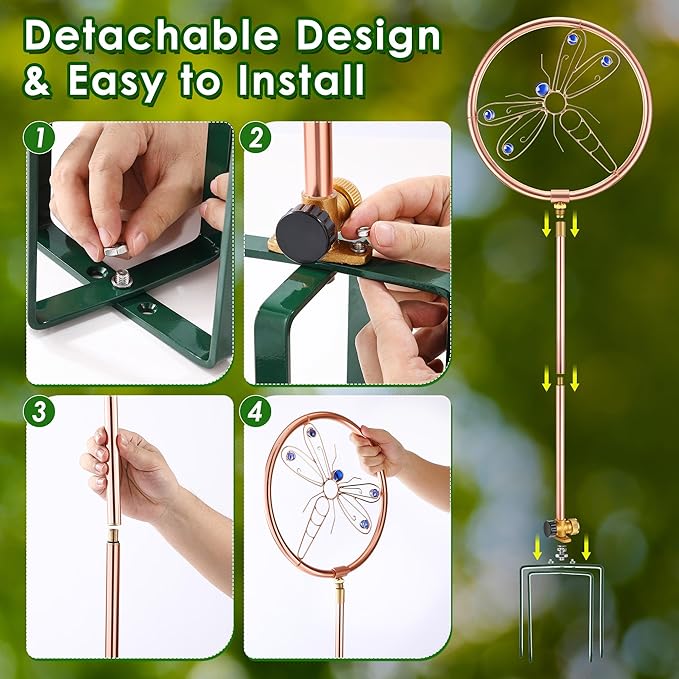 34" H Copper Coated Stainless Steel Ornamental Sprinkler, Corrosion Resistant Garden Rotating Sprinkler 360 Degree Shape Decorative for Lawn Garden Landscape(Dragonfly)