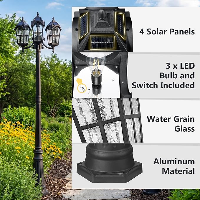 Emliviar 82.7" 3-Head Outdoor Solar Lamp Street Lights, Dusk to Dawn Post Lighting for Driveway Garden, LED Exterior Black Pole Light with Water Grain Glass, YXE302PL-3 SL BK