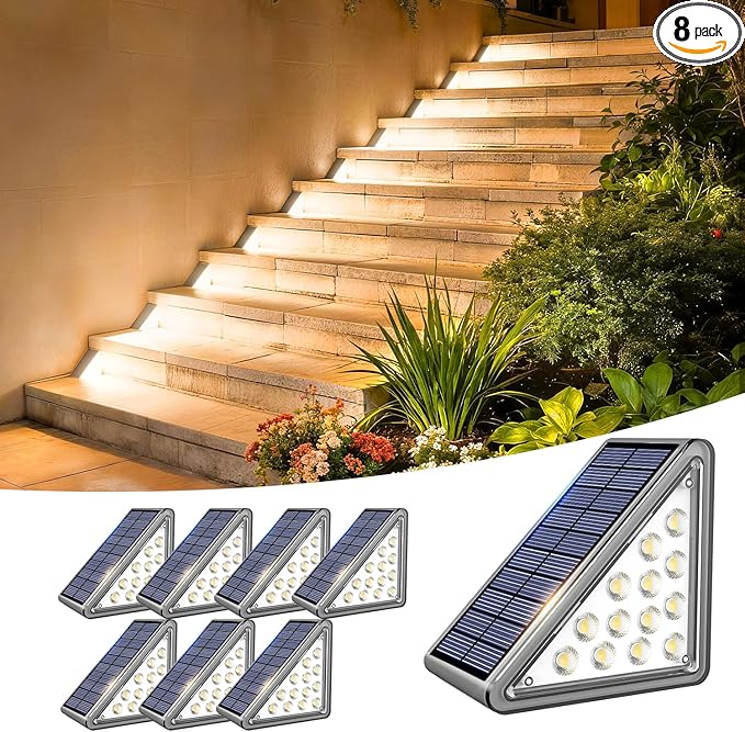 Solar Step Light Outdoor Stair Lights, Deck Lights Outdoor Powered IP65 Waterproof, 3000K Warm White Solar Outdoor Step Light, Decor for Stair, Deck, Step, Porch and Outside Patio, 8 Pack