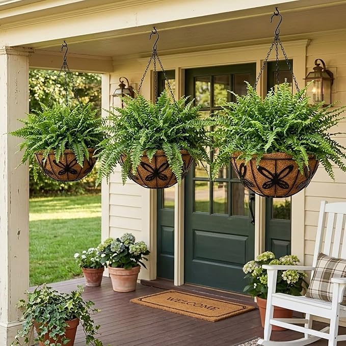 2 Pack Hanging Baskets for Plants Outdoor 14 Inch Butterfly Metal Hanging Planters with Coco Coir Liner, Round Hanging Flower Basket for Home Garden Patio Balcony Porch