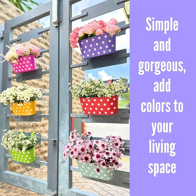 LaLaGreen Rail Planter Outdoor Plants (17 Inch, 6 Pack) Medium Colorful Metal Planters Iron Hanging Flower Pots Balcony Box Plant Holder Deck Railing Fence Herbs Garden Modern Porch Home Decor