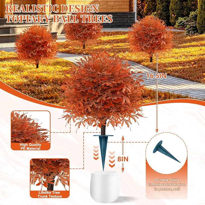 Grooy 2 Pack Artificial Fall Cedar Topiary Trees with Spike | UV Resistant PE Material, Realistic Flush Appearance, Zero Maintenance, Durable Ground Spike, Decor for Indoor&Outdoor