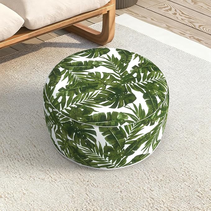 LVTXIII Indoor/Outdoor Large Inflatable Ottoman Pouf D31 x H14 Inch, Round Footstool with Handle, Weather-Resistant Portable Furniture for Patio, Camping, Beach, Palm Green