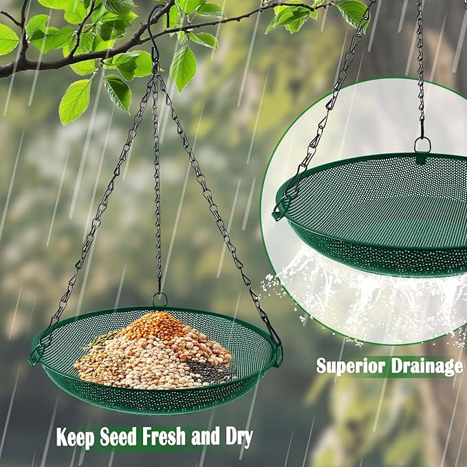 Hanging Bird Feeder for Outdoors – 12 in Platform Bird Feeder, Metal Mesh Seed Tray for Wild Birds, Green