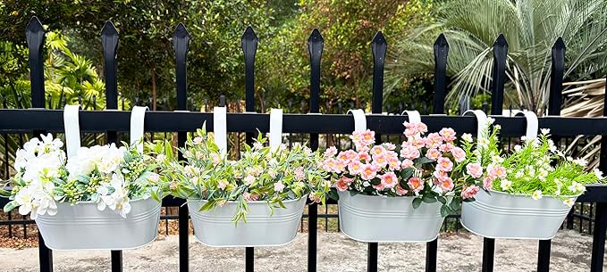 12" Balcony Railing Planters, Outdoor Hanging Planter for Fence, Stylish Metal Porch Deck Flower Pot for Herbs & Succulents (White, Pack of 2)