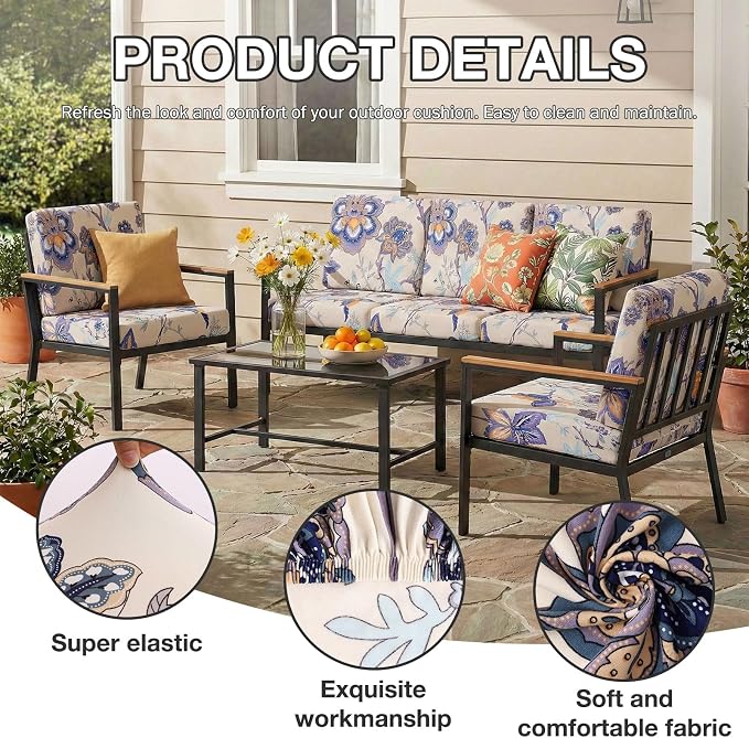 hyha 8Pcs Patio Cushion Covers, Stretch Outdoor Couch Cushion Covers, Washable Outdoor Chair/Sofa Slipcovers for Patio Furniture Cushions Protector with Elastic Bottom(Vintage Flower,Cover Only)