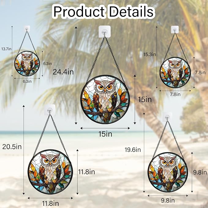 DASTOLL Stained Glass Window Hanging, Owl Colorful Leaves Birds Sun Catchers Diamond Glass Panel Hangings Suncatcher Decor for Birthday for Women, Men, Wife, Aunt, and Mom 7.8 in