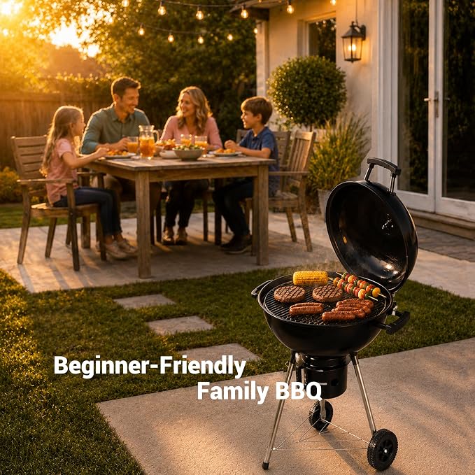 18-Inch Kettle Charcoal Grill with Lid & Wheels | Beginner-Friendly, For Backyard, Patio & Family Cookouts, Easy-to-Use, Ash Catcher