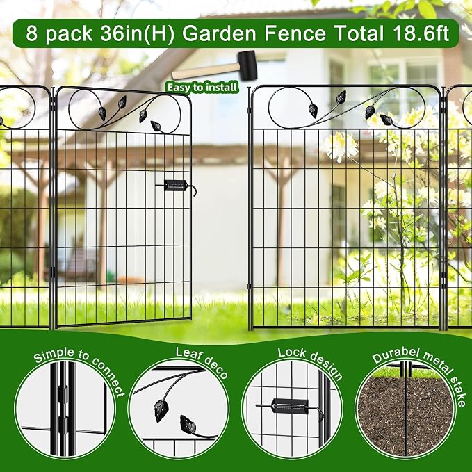 Decorative Metal Garden Fence with Gate 36in(H) X18.6ft(L) 1 gate+7 Panels Border Fences Animal Barrier for Dogs No Dig Leaf Black Garden Fencing for Yard Lawn Patio Outdoor