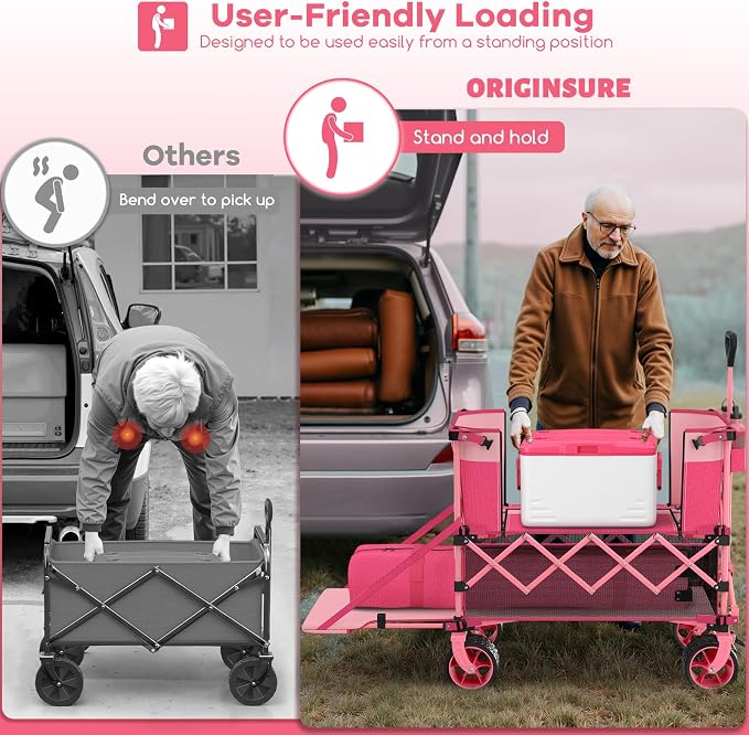 400L Double Decker Wagon Collapsible with 54" L Tailgate, 560lbs Heavy Duty Wagons Carts Foldable, Extra Large Folding Beach Wagon with Big All-Terrain Wheels for Camping, Sports, Groceries, Pink