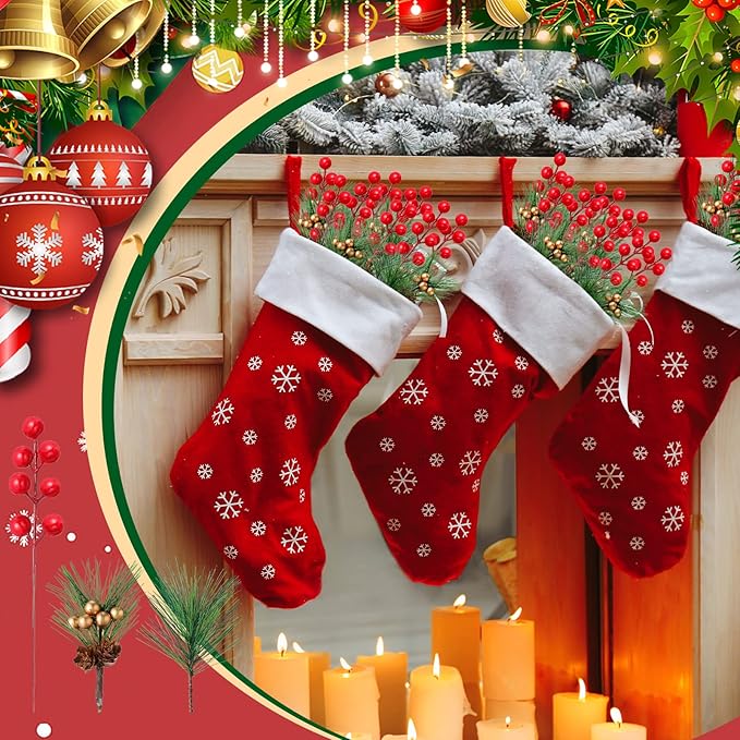 100 Pieces Mini Artificial Christmas Floral Pine Picks Red Berry Picks Holly Red Berry Stems Green Pine Needles for Christmas Tree Wreath Gifting Props Winter Holiday