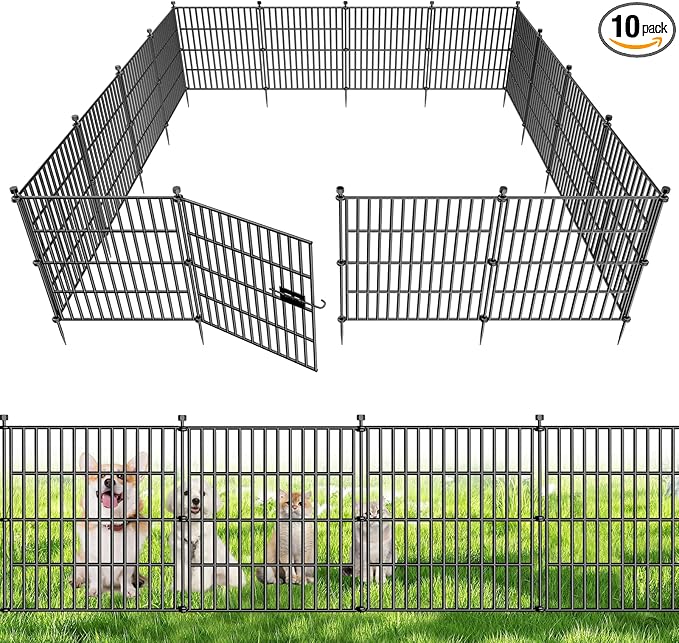 10 Panels No Dig Decorative Outdoor Garden Fence with Gate for Yard, 24 in(H) X 20 ft(L) Animal Barrier Fencing Rustproof Metal Wire Panel Border for Dog, Rabbits, and Patio Temporary Ground Stakes