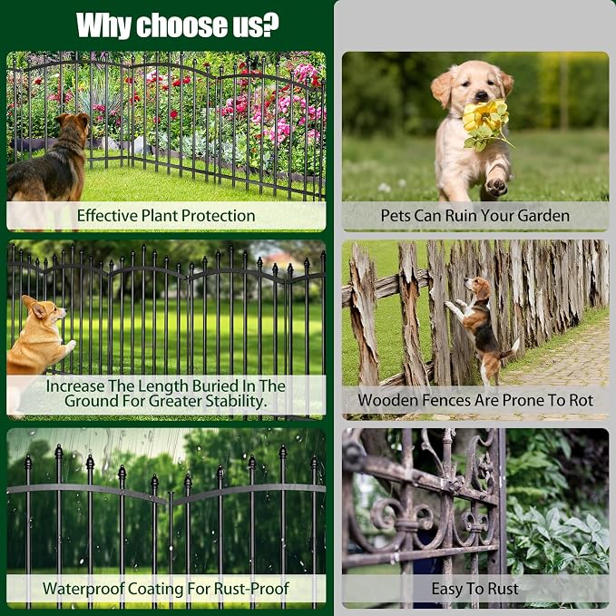 5 Panels，No Dig Edging Decorative Garden Fence，32 in （H） x 24 in（L），Metal Rustproof Panel，Outdoor Dog Fence，Animal Isolation Fence Suitable for Gardens，Roman Column Black with Gate