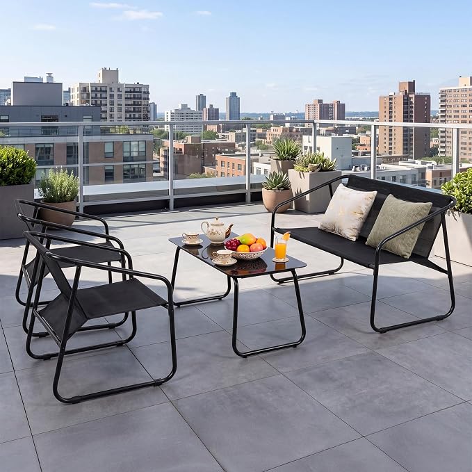 DUMOS 4 Piece Patio Furniture Set，Outdoor Patio Furniture Set with Table, patios Table and Chairs Sets, Sectional Bistro Sets for Lawn, Garden, Pool, Balcony, Poolside