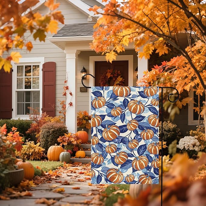Blue Burnt Orange Fall Thanksgiving Garden Flag 12x18 Inch Autumn Pumpkin Leaf Harvest Theme Print Holiday Decorative Yard Flags for Outside Double Sided Outdoor Home Farmhouse Decoration Porch Decor