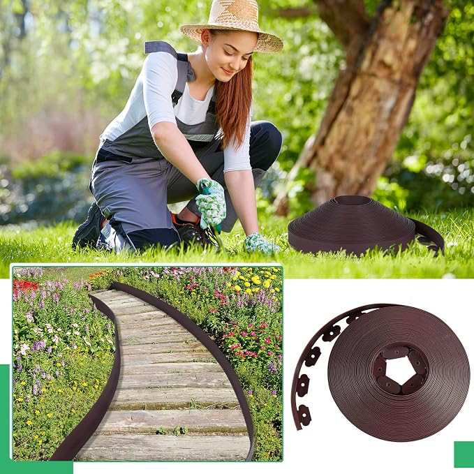 Queekay 148FT 2 Inch Tall Landscape Edging Kit with 70 Spikes 20 Connectors Plastic Garden Landscape Edge Border Flexible Landscaping Edging for Lawn Garden Yard Flower Bed(Brown,2 Inch)